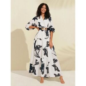 Ador Floral Maxi Shirt Dress White Black/Blue Belted Tiered Boho Large NWT